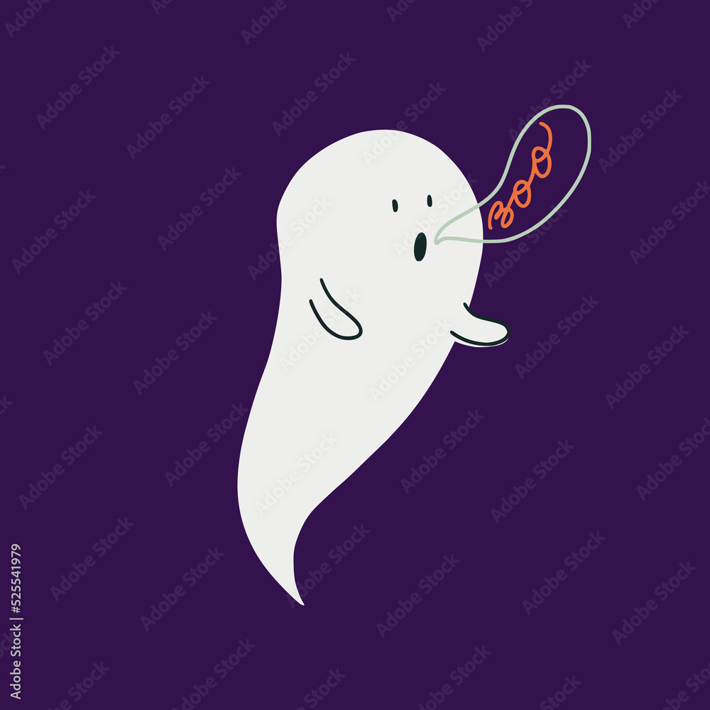 Spooky cartoon halloween ghost with speech bubble and Boo inscription, isolated on purple background. Hand drawn childish illustration. Spooky cartoon halloween ghost with speech bubble and Boo inscription, isolated on purple background. Hand drawn childish illustration.