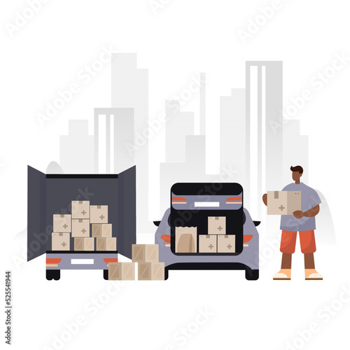 Set of humanitarian aid material assistance governmental help. Drones, car, truk, body armor, volunteers, army donation. Save Ukraine. Vector isolated on background in flat style
