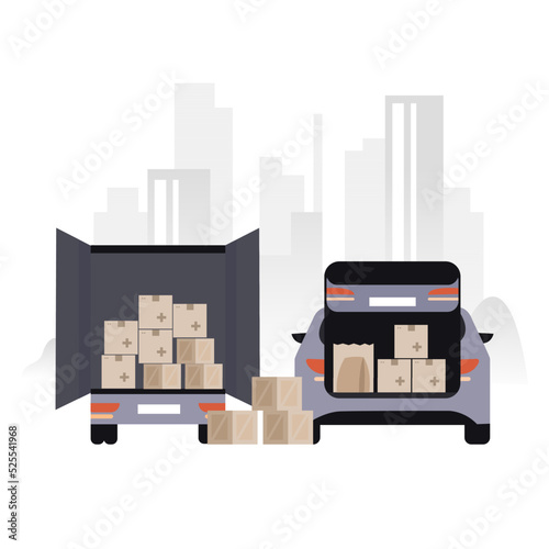 Set of humanitarian aid material assistance governmental help. Drones, car, truk, body armor, volunteers, army donation. Save Ukraine. Vector isolated on background in flat style