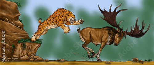 Saber Tooth attacks the gigantic deer megaloceros. Drawing with extinct animals. Template for coloring book.