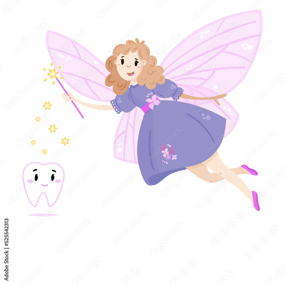 Cute Fairy with magic stick. Princess with pink wings in cartoon style. Beatiful little lilac girl for kids Cute Fairy with magic stick. Princess with pink wings in cartoon style. Beatiful little lilac girl for kids