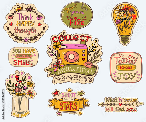 Sticker Pack with inspiration phrase. Collect Beautiful moment sign. Quote with vintage camera and flowers. Set of Posivite slogan for daily planner. Think happy thougth. Shoot for the Stars