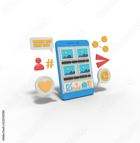 3d Illustration of image gallery app on mobile