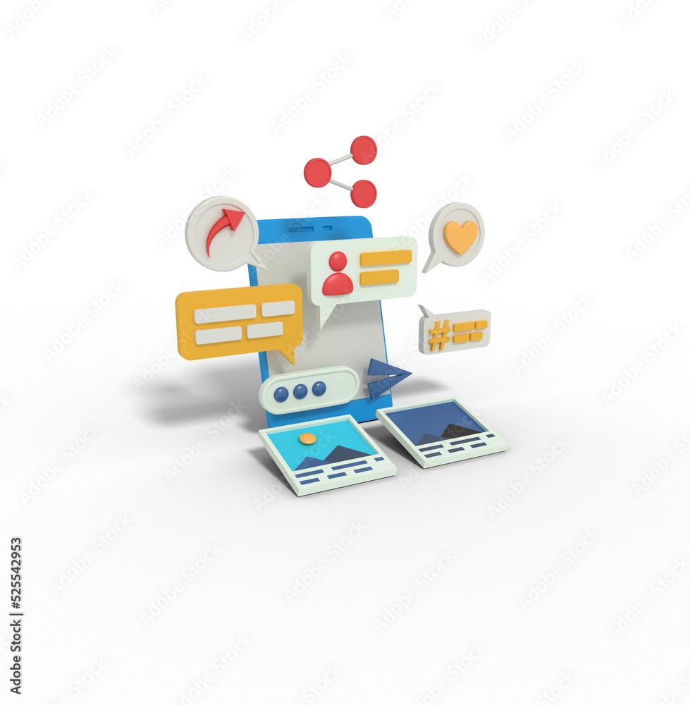 3d illustration of social media chatting and share on phone 3d illustration of social media chatting and share on phone