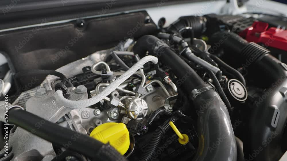 Car engine under the hood of a modern car. New car in the showroom.