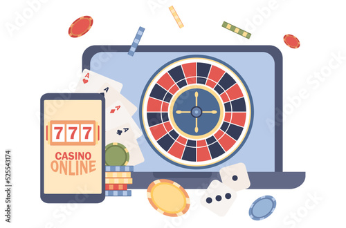 Internet casino icon. Slot machine, online poker, Wheel of Fortune, Roulette. Gambling concept. Jackpot. Vector flat illustration 