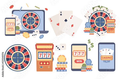 Casino icon set. Slot machine, online poker, Wheel of Fortune, Roulette. Internet gambling concept. Jackpot. Vector flat illustration 