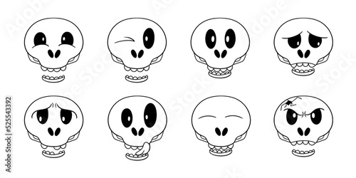 Monochrome Large set of icons, Funny cute skulls for the holiday, horizontal vector cartoon © Nat