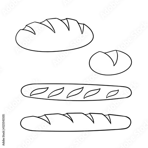 Monochrome Set of pictures, various loaves of white wheat bread, vector cartoon