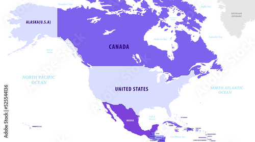 北米大陸色分け地図 Colored map of the North American Continent
