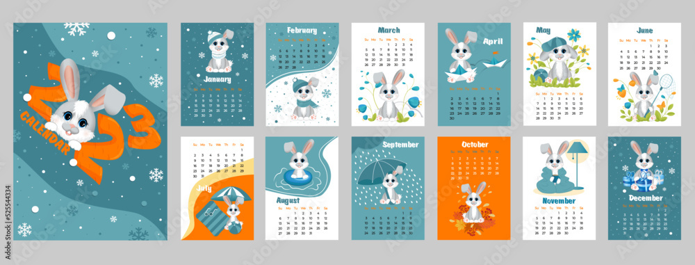 Calendar 2023 with symbol of the year hare (rabbit). Cute little hare(rabbit) in cartoon style. Week starts on Sunday. Set of 12 pages and cover in size A3, A4, A5. Vector  vertical format.
