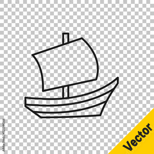 Black line Egyptian ship icon isolated on transparent background. Egyptian papyrus boat. Vector