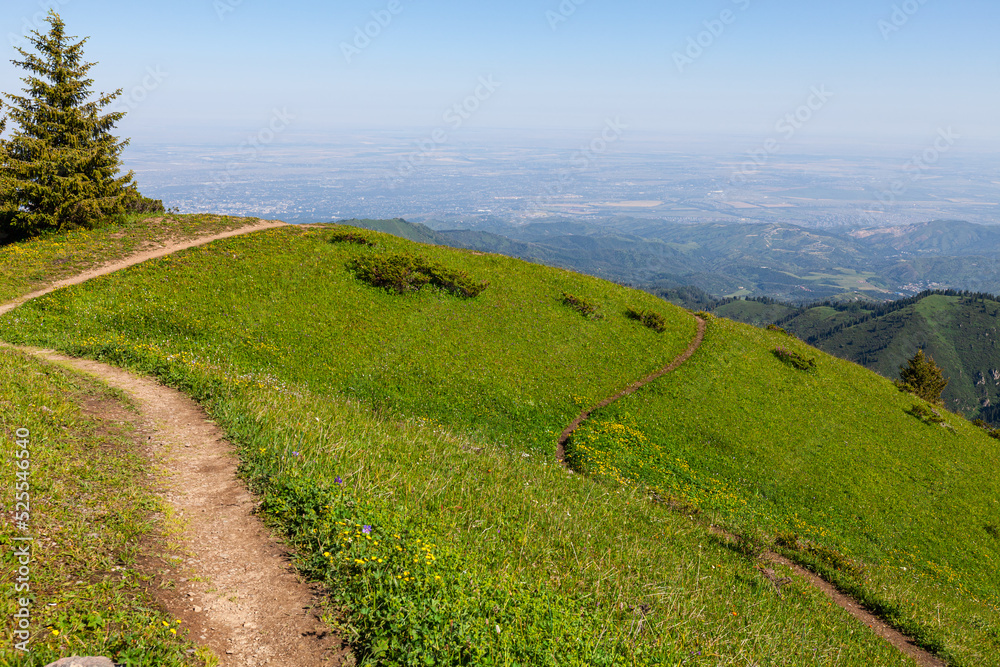 Magnificent trails in the Kimasar gorge overlooking the city of Almaty, Asia, Kazakhstan