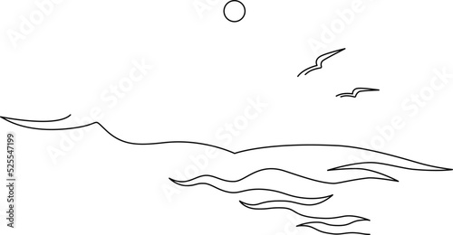 Seascape with waves, seagulls and sun. Continuous line drawing. Linear vector illustration, isolated on white background