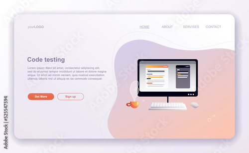 Programming concepts, coder workplace, vector illustration. Web site landing page template.