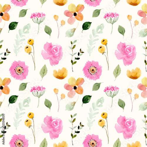 yellow pink cute floral watercolor seamless pattern