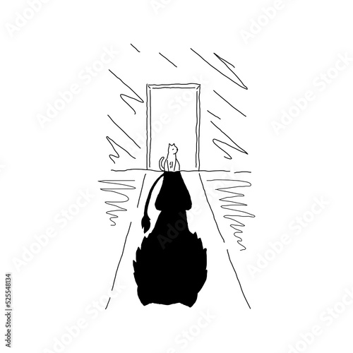 Doodle hand drawn illustration. The cat with the shadow of a lion. Sketch collection.