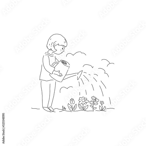 Doodle hand drawn illustration. The girl watering the flowers. Sketch collection.