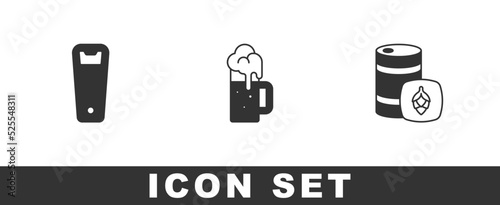 Set Bottle opener, Wooden beer mug and Metal keg icon. Vector