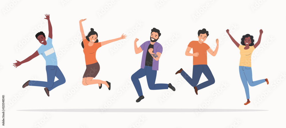 Different young women and men jumped up. People stand full body. Flat style cartoon vector illustration.