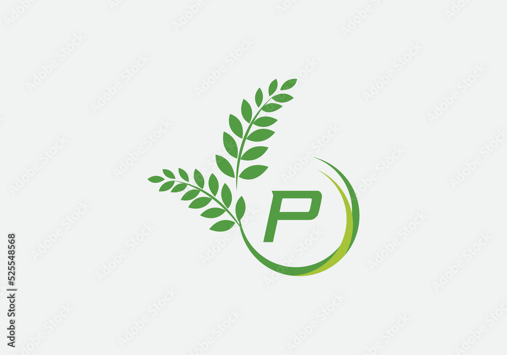 Green leaf and laurel wreath logo design vector with the letter and alphabet P Green leaf and laurel wreath logo design vector with the letter and alphabet P