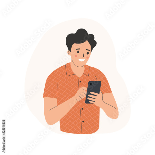 Young man looks into the smartphone. Vector flat style  illustration