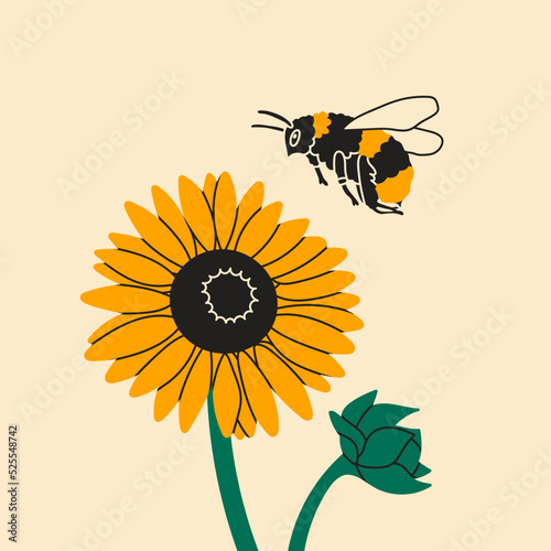 Puffy bumblebee or Bee flying towards yellow sunflower. Bee collects pollen. Spring, summer, nature concept. Hand drawn modern Vector illustration. Logo, print, design template