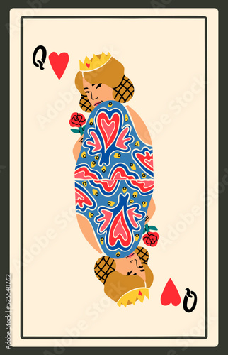 Queen of Hearts. Playing card. Beautiful character. Cute blonde lady. Gambling, poker concept. Cartoon style. Hand drawn modern Vector illustration. Poster, t-shirt print, logo template, tattoo idea