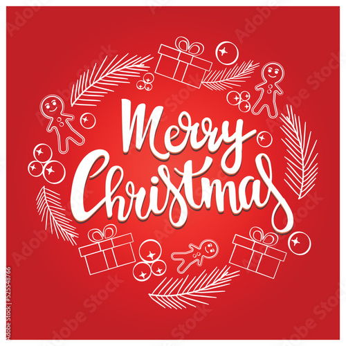 Merry Christmas. Winter round frame with gingerbread, a branch of a Christmas tree, a gift with a handwritten inscription. Cartoon flat vector illustration