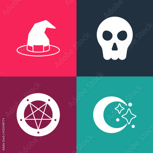 Set pop art Moon and stars, Pentagram in circle, Skull and Witch hat icon. Vector