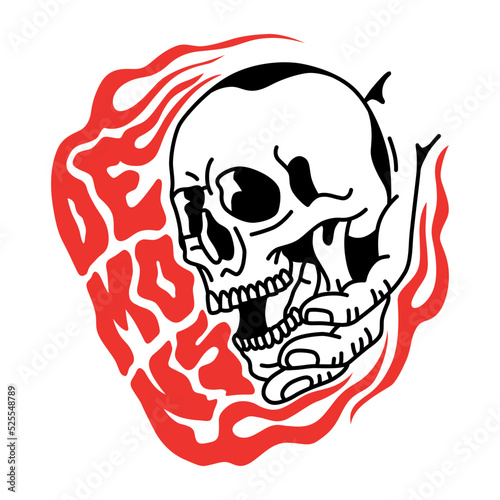 demons.vector illustration.image of skull in hand and font.linear style.picture isolated on white background.modern typography design perfect for tattoo,t shirt,poster,banner,sticker,web,etc