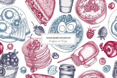 Breakfast seamless pattern background design. Engraved style. Hand drawn sandwich, pancakes, bowl with avocado, porridge with berries, chia pudding, fried eggs, raspberry, blueberry, strawberry