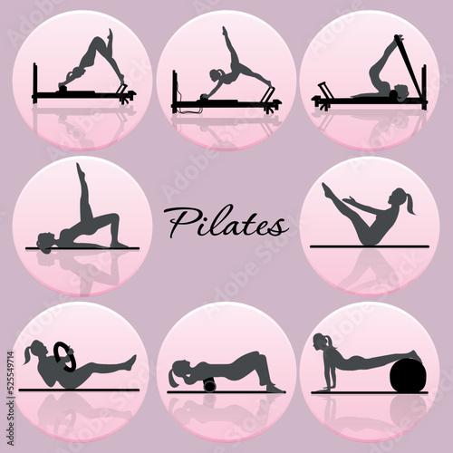 silhouettes of a woman doing pilates, icons, icons, vector