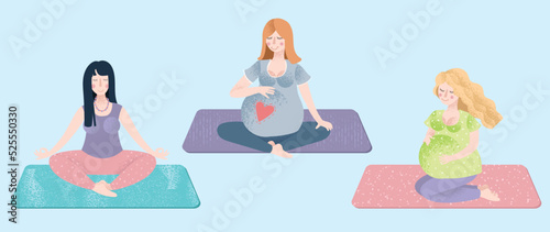 Beautiful pregnant women do yoga with a trainer, lead a healthy lifestyle and relax. Vector flat illustration. Healthy pregnancy concept