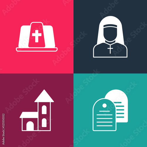 Set pop art Holy bible book, Church building, Nun and Pope hat icon. Vector