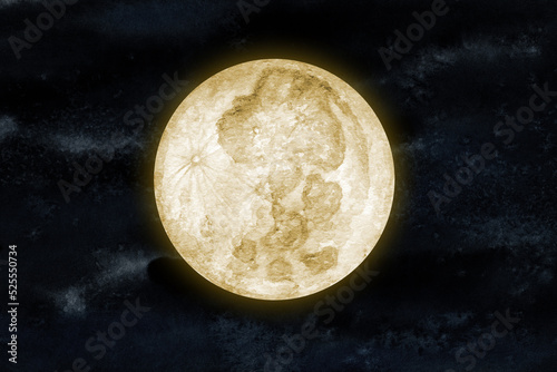 Gold Moon Planet of the Solar System watercolor isolated illustration on white background. Outer Space planet hand drawn. Our galaxy astronomy education material.