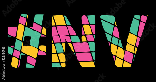 NV Hashtag. Tricolor isolated letters from contrast flowing fluid shapes. 3 colored Hashtag #NV is abbreviation for the US American state Nevada for social network, web resources, mobile app