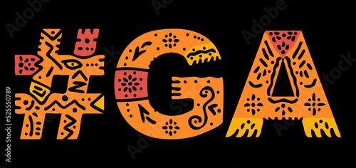 GA Hashtag. Multicolored bright isolate curves doodle letters. Hashtag #GA is abbreviation for the US American state Georgia for social network, web resources, mobile apps.
