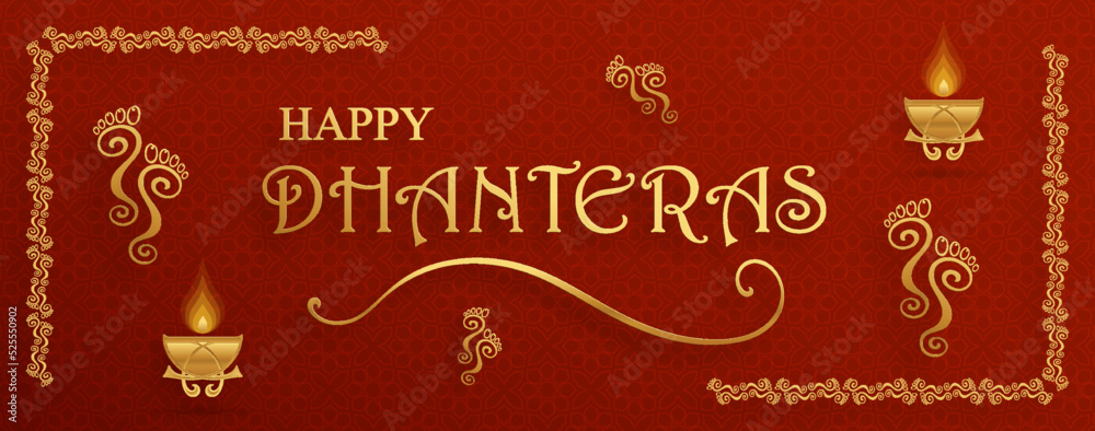 Happy Dhanteras festival card with oriental elements and Diya lamp for the Indian religious festival of lights Happy Dhanteras festival card with oriental elements and Diya lamp for the Indian religious festival of lights