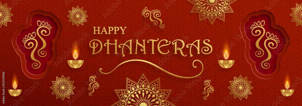 Happy Dhanteras festival card with oriental elements and Diya lamp for the Indian religious festival of lights Happy Dhanteras festival card with oriental elements and Diya lamp for the Indian religious festival of lights