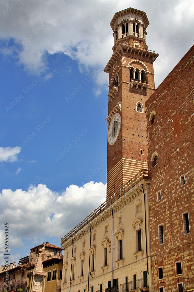 historic tower building, italian historic architecture, Verona architecture, old tower, blue sky with white clouds