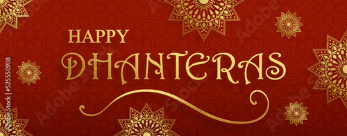 Happy Dhanteras festival card with oriental elements and Diya lamp for the Indian religious festival of lights