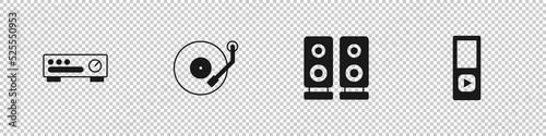 Set Sound mixer controller, Vinyl player, Stereo speaker and Music icon. Vector
