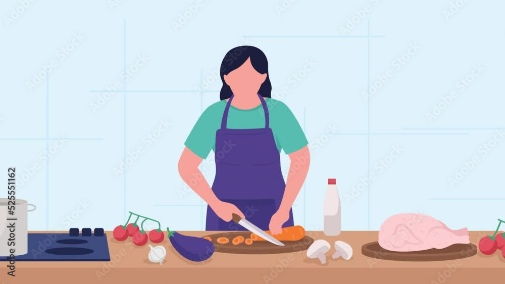 Animated housewife illustration. Cutting carrots for roasting. Food preparation. Culinary workshop. Looped flat color 2D cartoon character animation video in 4k with interior on background