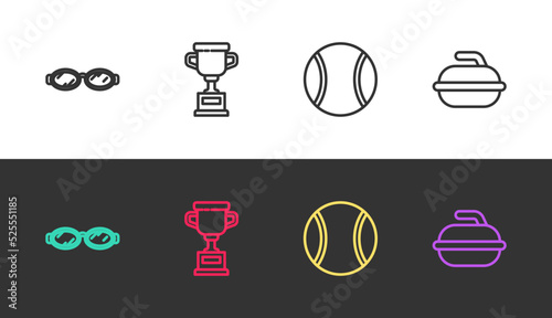Set line Glasses for swimming, Award cup, Tennis ball and Stone curling sport game on black and white. Vector