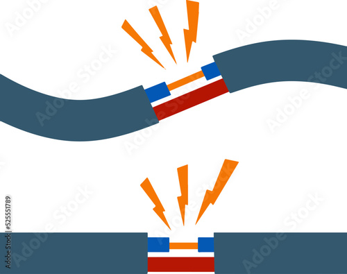 Damaged cable with red wire. Orange lightning and the spark. Broken line. faulty electrical appliance. Power Safety rule. Cartoon flat illustration. Electrical shock, short circuit.