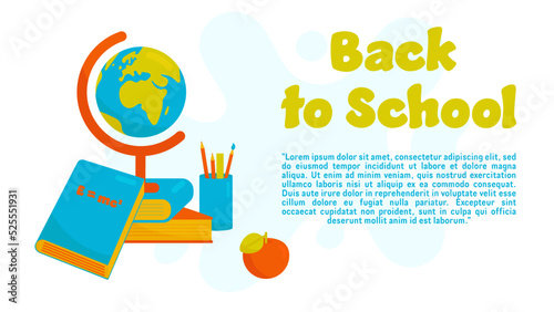 Back to School Vector Banner With Books, Globe, Apple on the Abstract Spot Background. Perfect for Social Media, Printed Materials, etc.