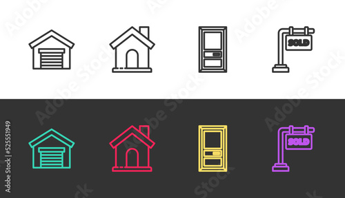 Set line Garage, House, Closed door and Hanging sign with Sold on black and white. Vector