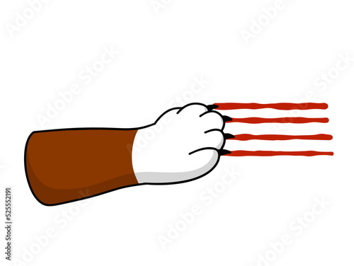 Cat foot. Scratch with blood trail. Aggression and injuries. Evil behavior of pet. Cartoon flat illustration