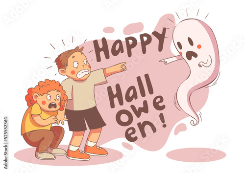Fototapeta Naklejka Na Ścianę i Meble -  Happy Halloween. The children met with the ghost. Vector image for halloween.
